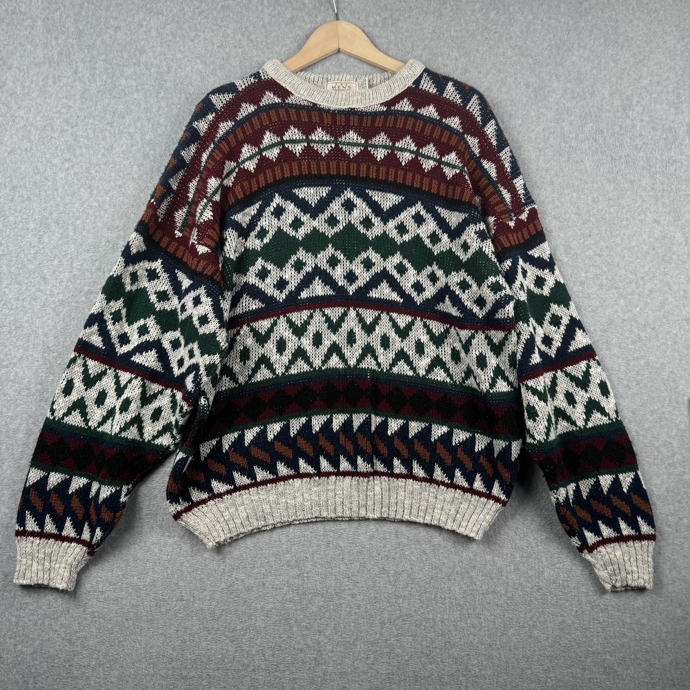 Vintage‎ Sears Mens Store Sweater Mens Large Geometric Knit Crew USA 80s Grandpa